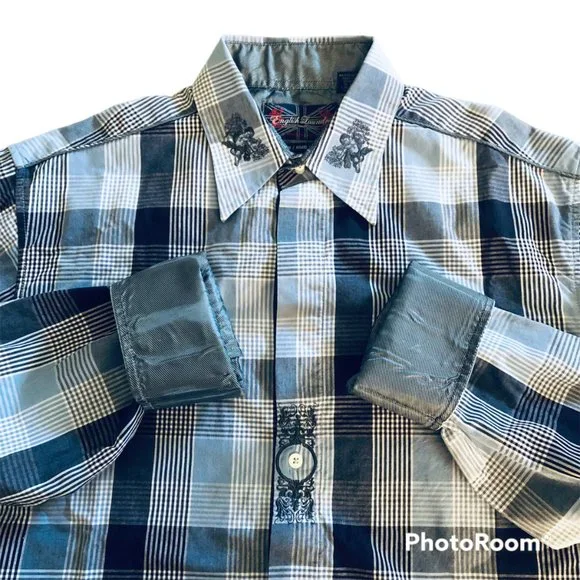 English Laundry Shirts | English Laundry Embroidered Angel Blue Plaid Flip Cuff Easter Dress Shirt Sz Xl | Color: Blue | Size: Xl | Irisbythegate's